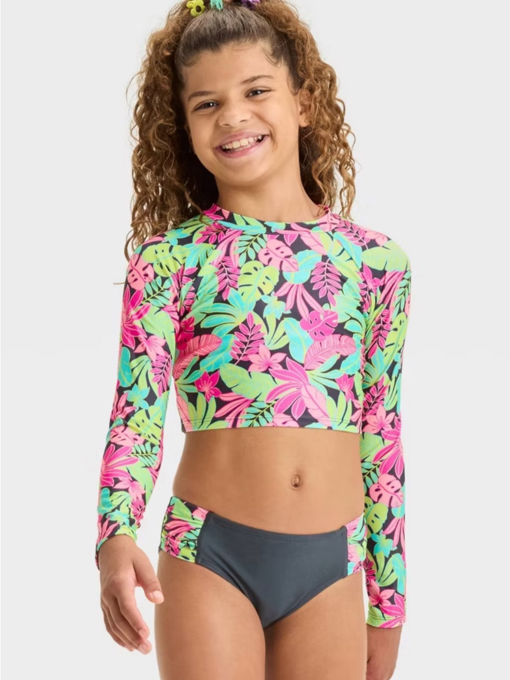 Cat & Jack Pink, Green & Teal Tropical Long-Sleeve Rashguard Set GirlsSize 10-12